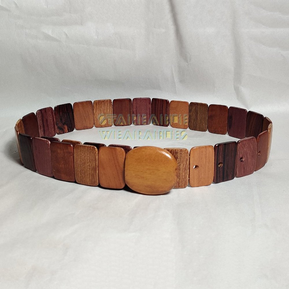 Vintage Exotic Wood Link Belt Wooden Tiles Segmented '90s Handmade Woodgrain VTG